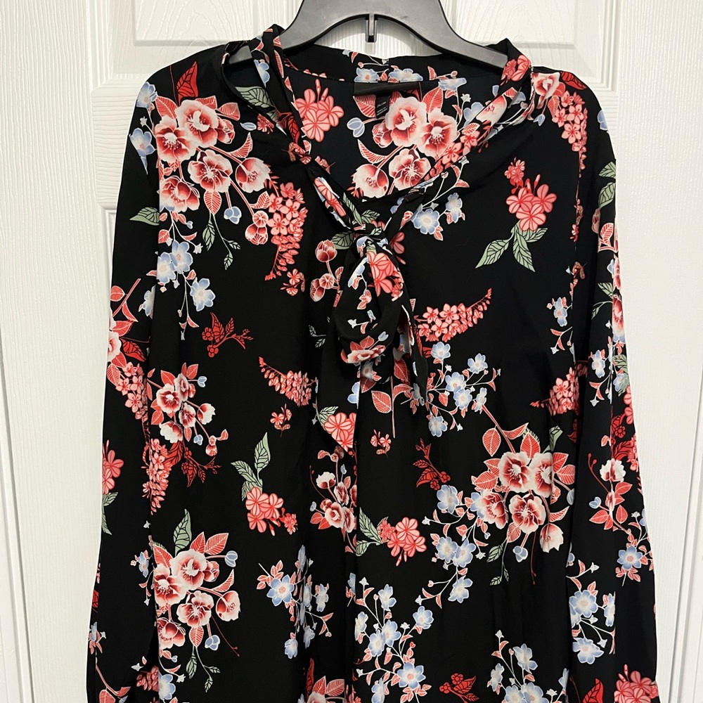 Lane Bryant Black Floral Tie-Neck Blouse - Red, Pink, Light Blue, Green